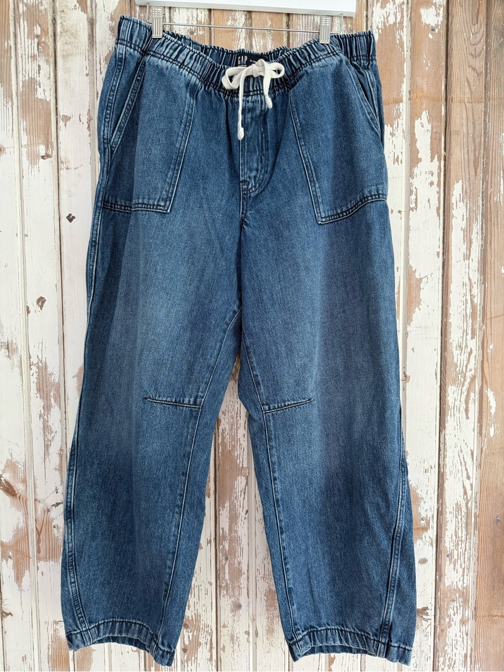 GAP Women’s Blue Denim Drawstring Pull-On Barrel Jeans, XL Long